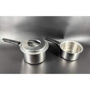 Vintage Ecko Flint Ware 1 and 2 Quart Sauce Pot/Pans w/ 1 Lid Stainless Steel